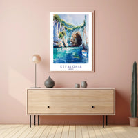 Vibrant Kefalonia Coastal Scene Watercolor - Travel Poster PosterGoat