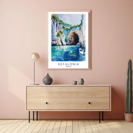 Vibrant Kefalonia Coastal Scene Watercolor - Travel Poster PosterGoat
