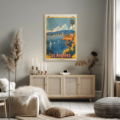 Los Angeles Coastline Sailboats Skyline Sunset Travel Poster