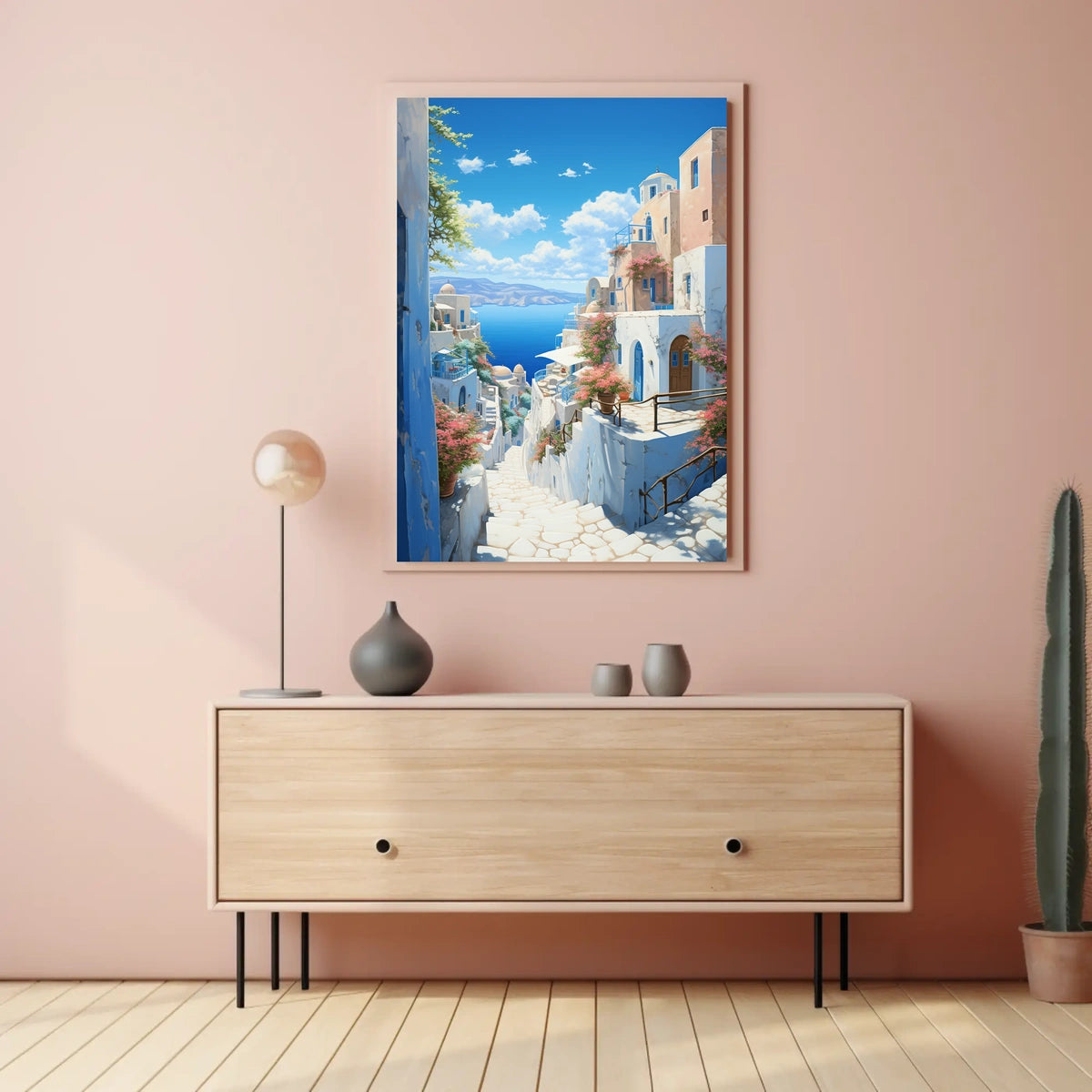 Santorini-Inspired Coastal Village Travel Poster