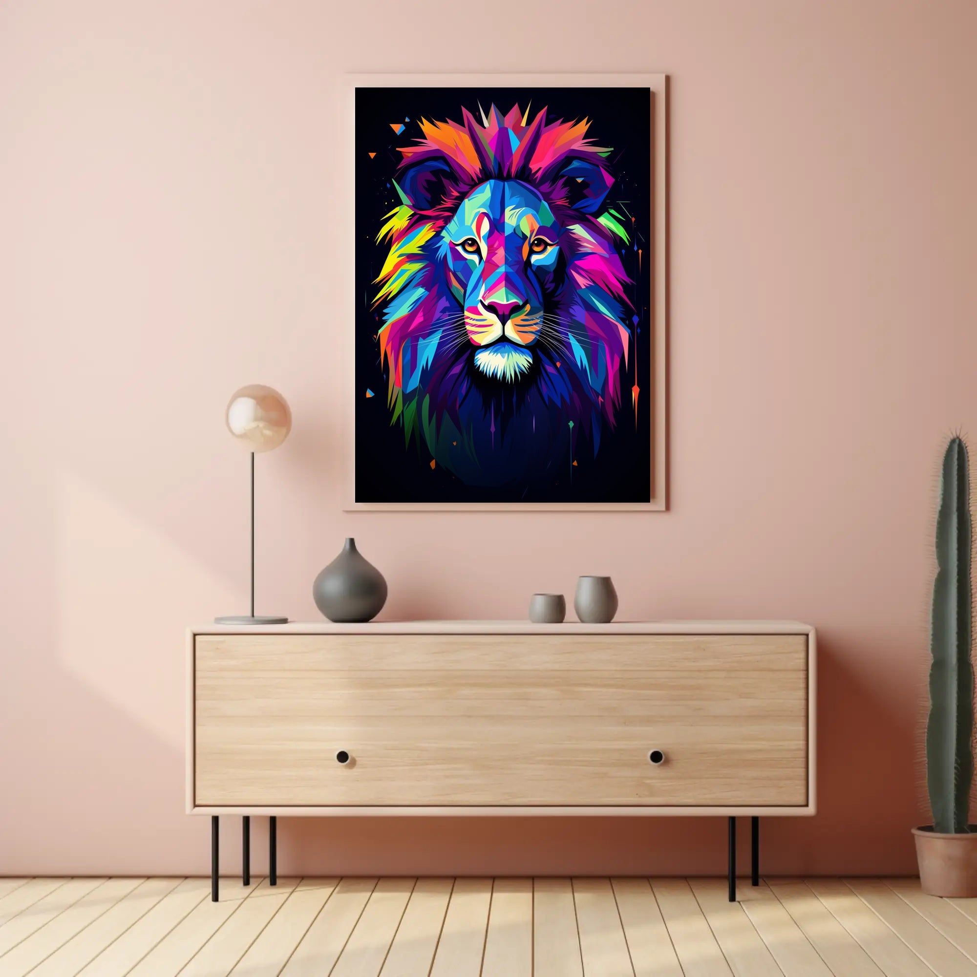 Vibrant Lion Portrait in Abstract, Artistic, or Pop Culture Poster