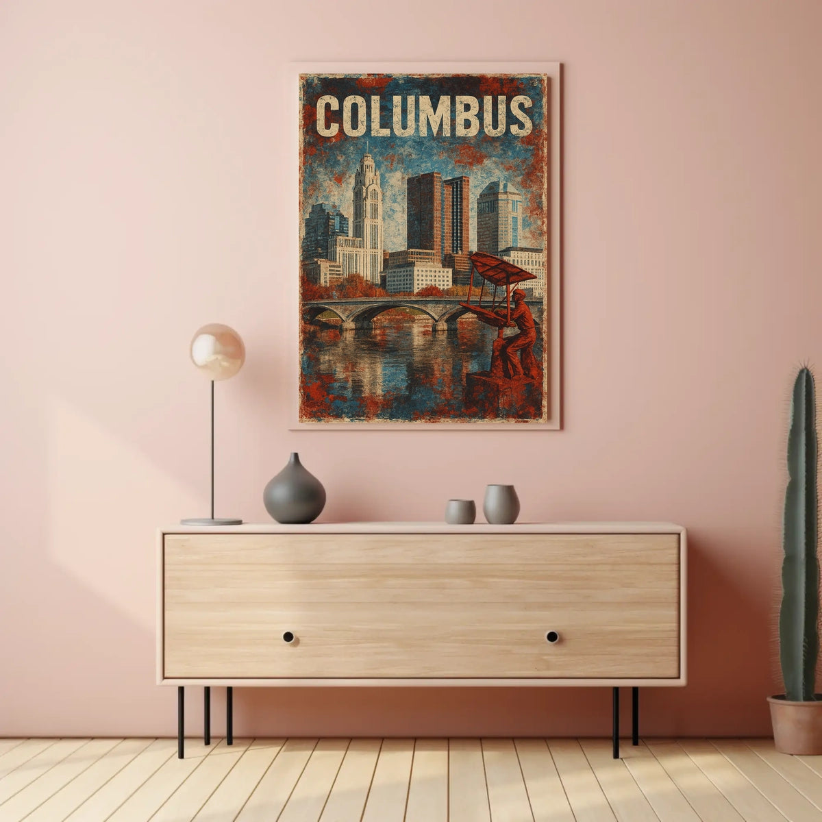 Art Deco Columbus Skyline Nostalgic Vintage Travel Poster