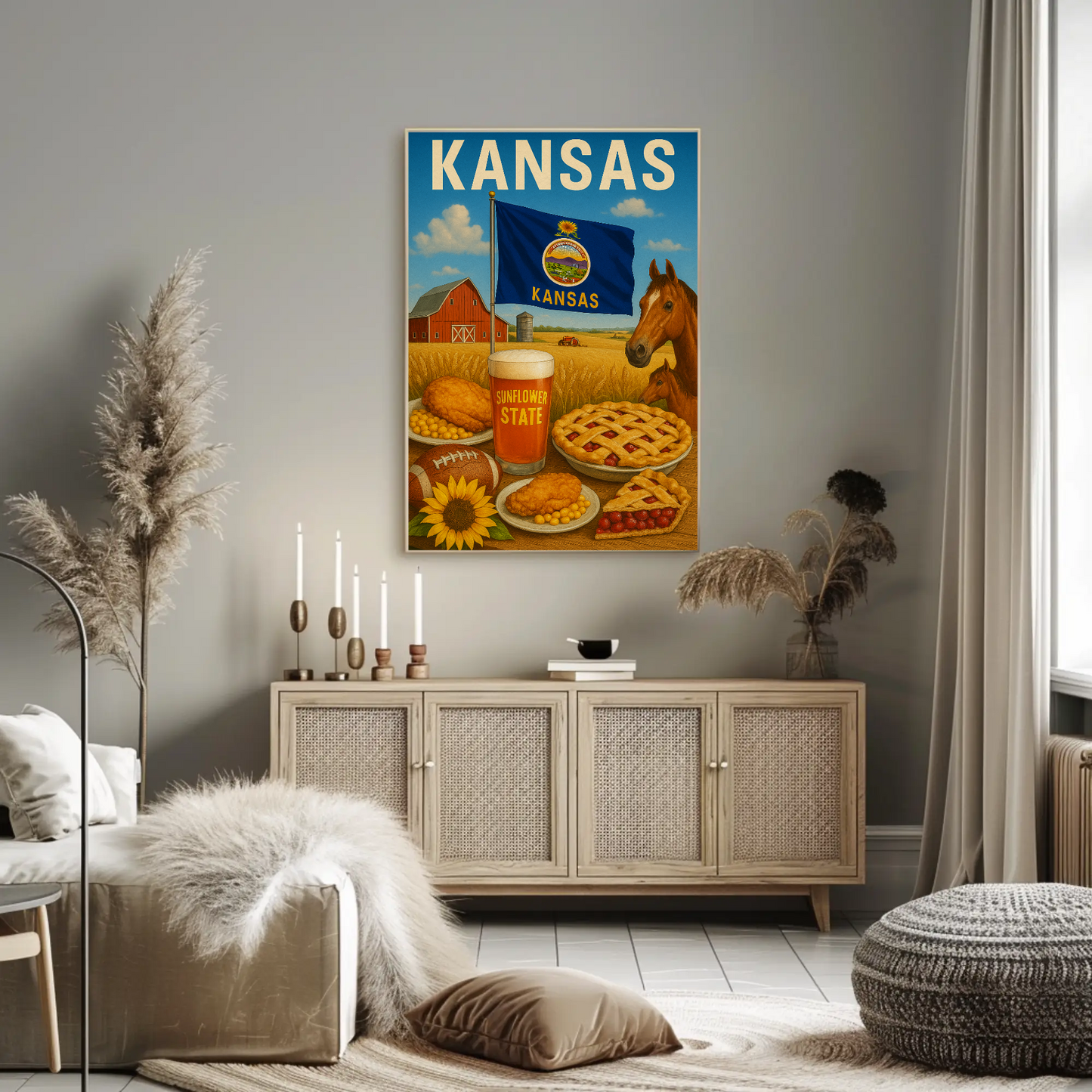 Kansas Farm Horse Pie Sunflower Beer Flag Travel Poster