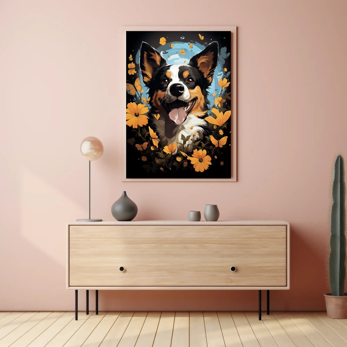 Joyful Dog and Flowers Nature Art Poster