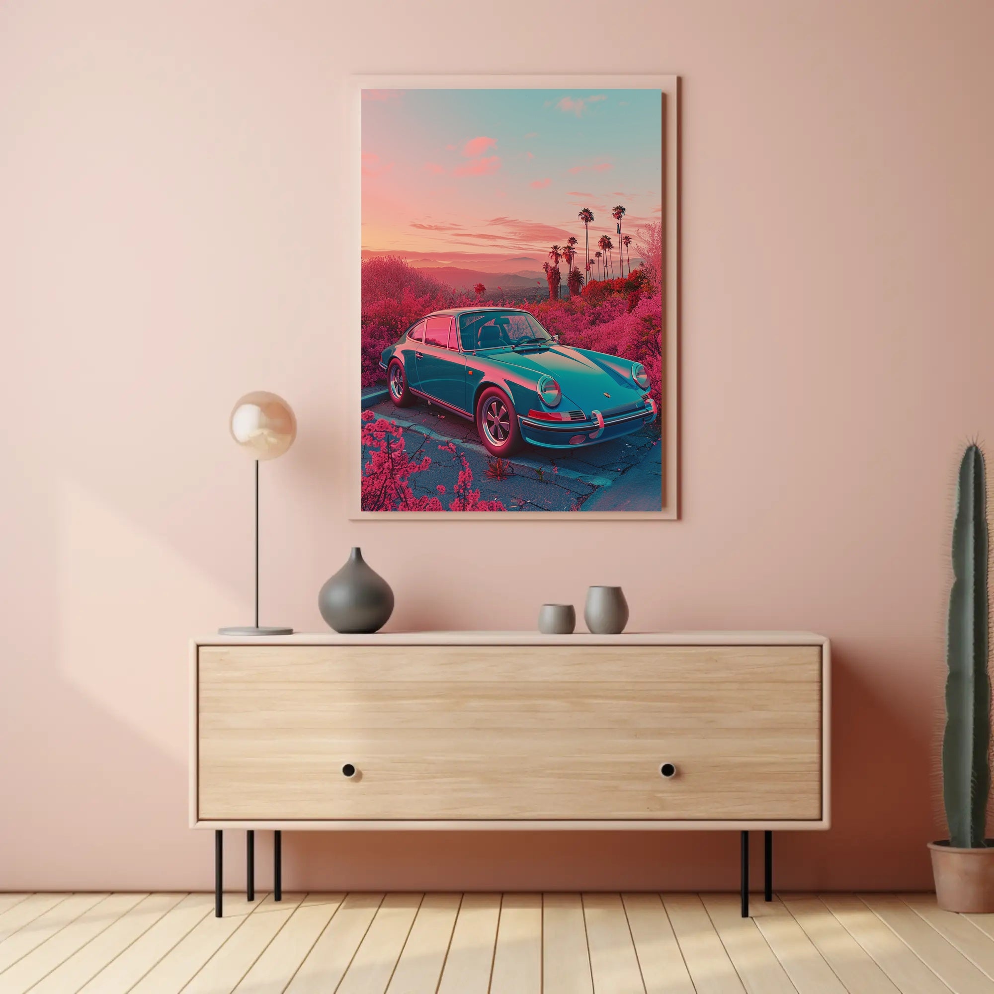 Vintage Car In Dreamy Landscape Poster Art Print PosterGoat