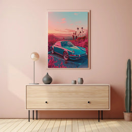 Vintage Car In Dreamy Landscape Poster Art Print PosterGoat