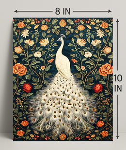 Exquisite White Peacock Among Floral Splendor - Artistic Poster