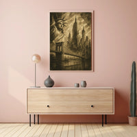 New York City Skyline Landmarks Poster Vintage Wall Art
