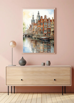 Amsterdam Canal Cityscape Watercolor Travel Poster