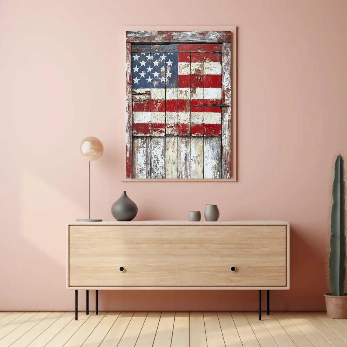 wooden barn door with faded American flag Poster