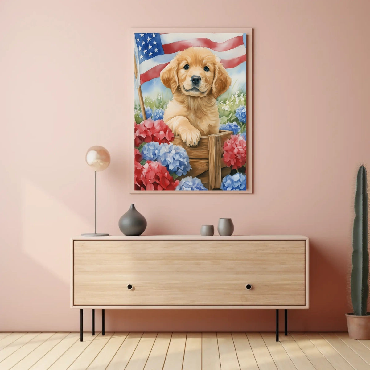 Golden Retriever Puppy In A Wagon With Flowers Poster