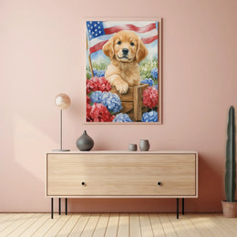 Golden Retriever Puppy In A Wagon With Flowers Poster