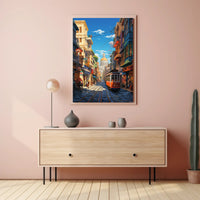 Vibrant Cityscape with Historical Trolley Travel Poster