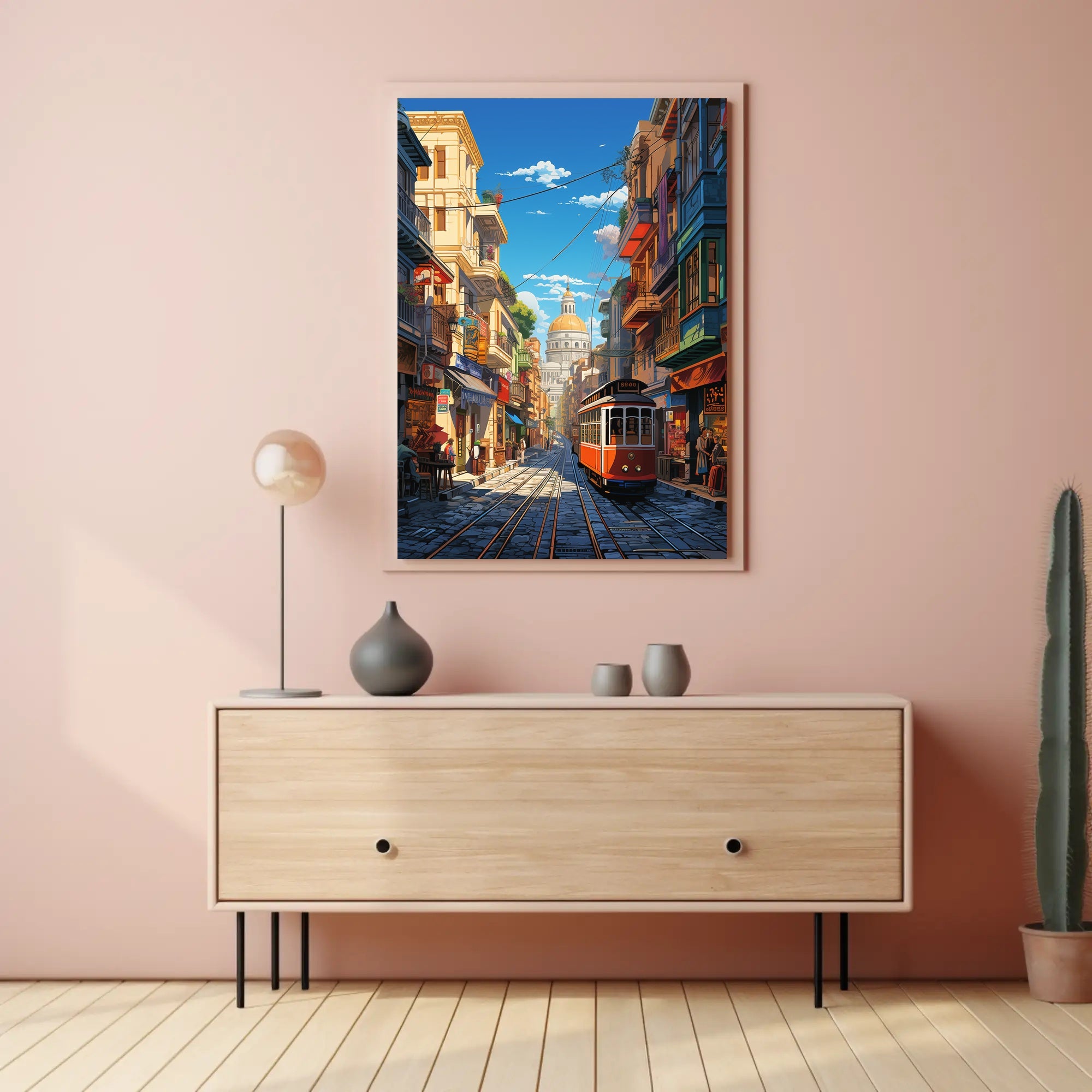 Vibrant Cityscape with Historical Trolley Travel Poster