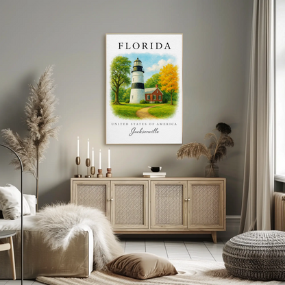 Jacksonville Florida Lighthouse Cottage Autumn Trees Travel Poster