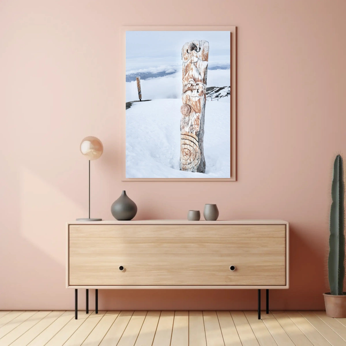 Snow-Covered Totem Poles Poster