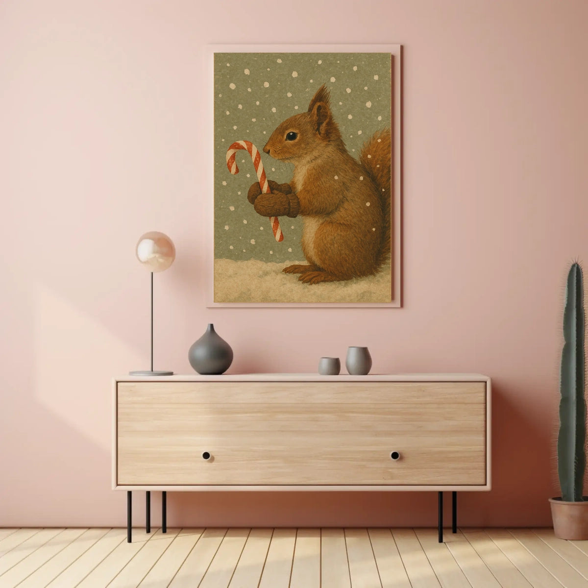 Winter Squirrel with Candy Cane Poster