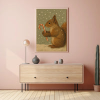 Winter Squirrel with Candy Cane Poster