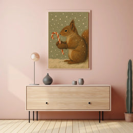 Winter Squirrel with Candy Cane Poster
