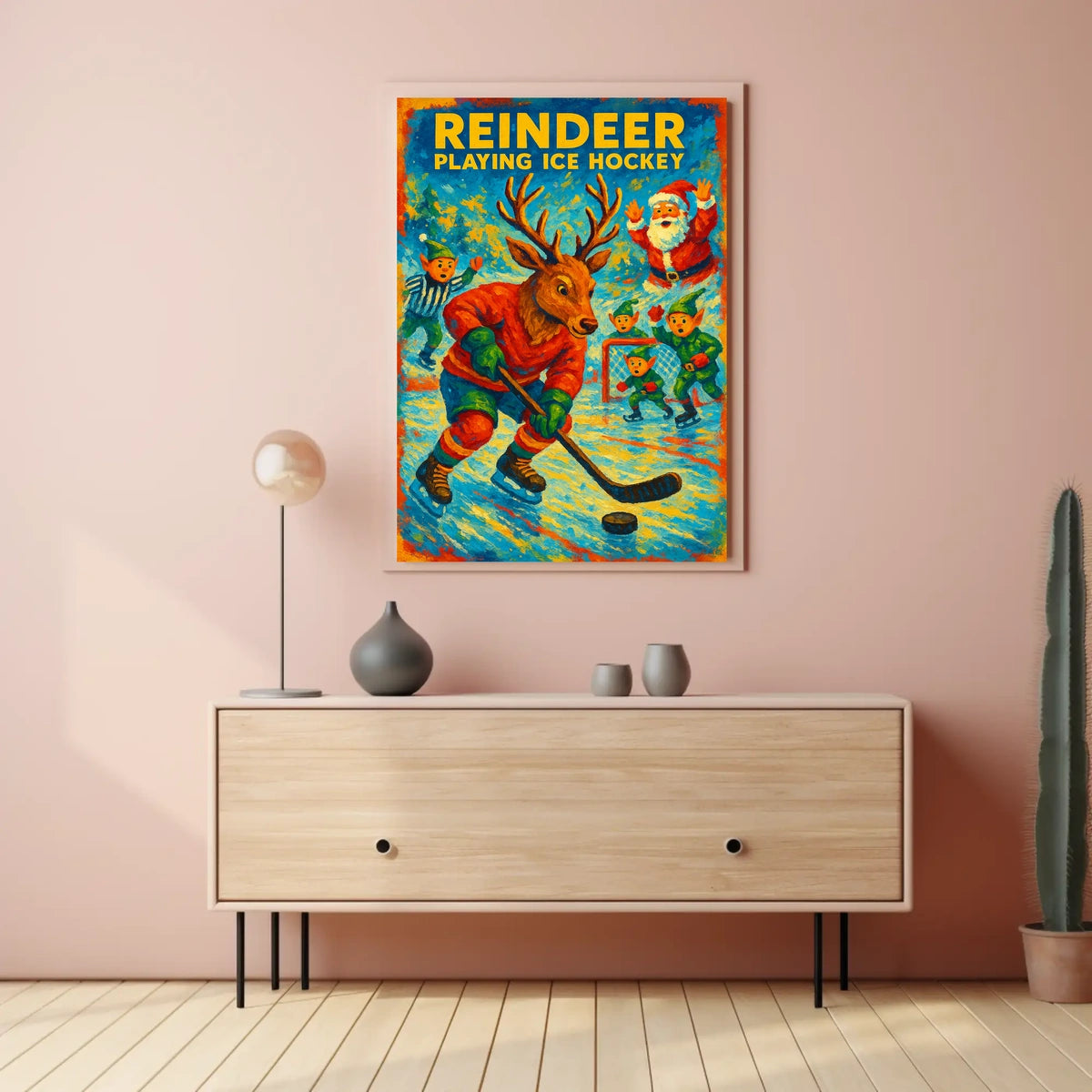 Reindeer Playing Ice Hockey Poster