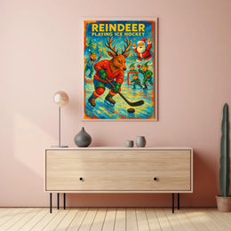 Reindeer Playing Ice Hockey Poster
