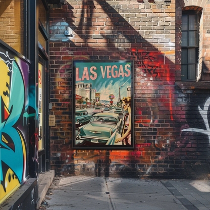 Las Vegas Strip Cars Neon Lights Vintage Travel Poster