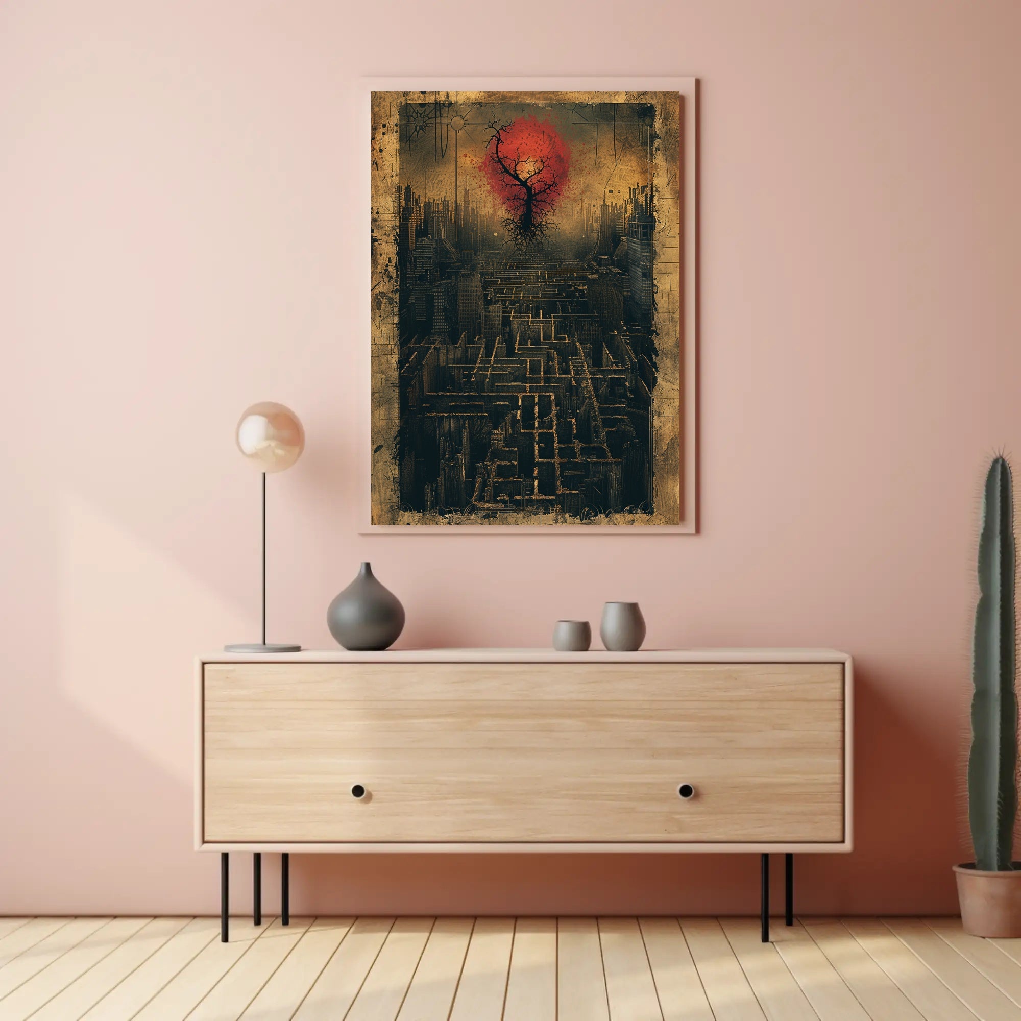 Surreal Dystopian Cityscape with Red Sun Artistic Poster PosterGoat