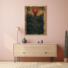 Surreal Dystopian Cityscape with Red Sun Artistic Poster PosterGoat