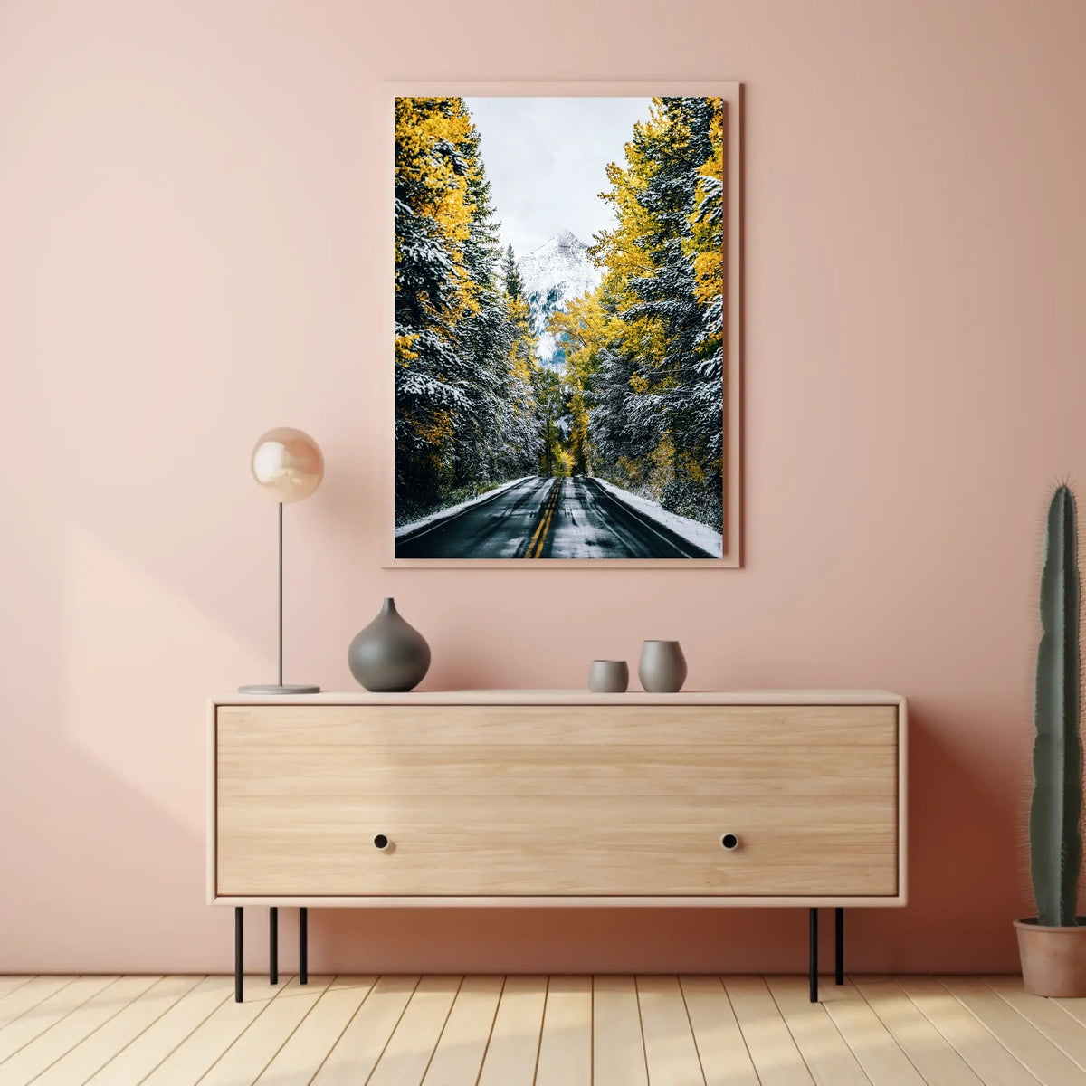 Autumnal Forest Road with Snow-Capped Mountain Poster