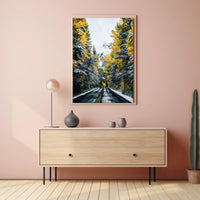 Autumnal Forest Road with Snow-Capped Mountain Poster