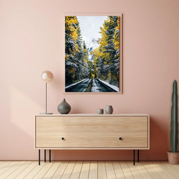 Autumnal Forest Road with Snow-Capped Mountain Poster