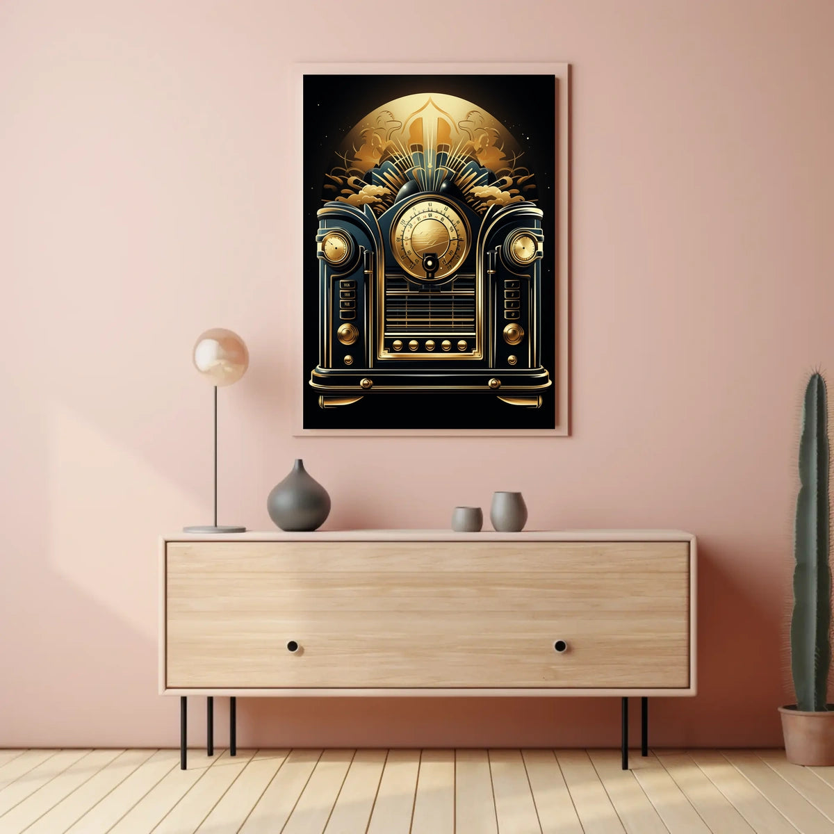 Vintage Art Deco Radio with Intricate Gold Detailing Poster