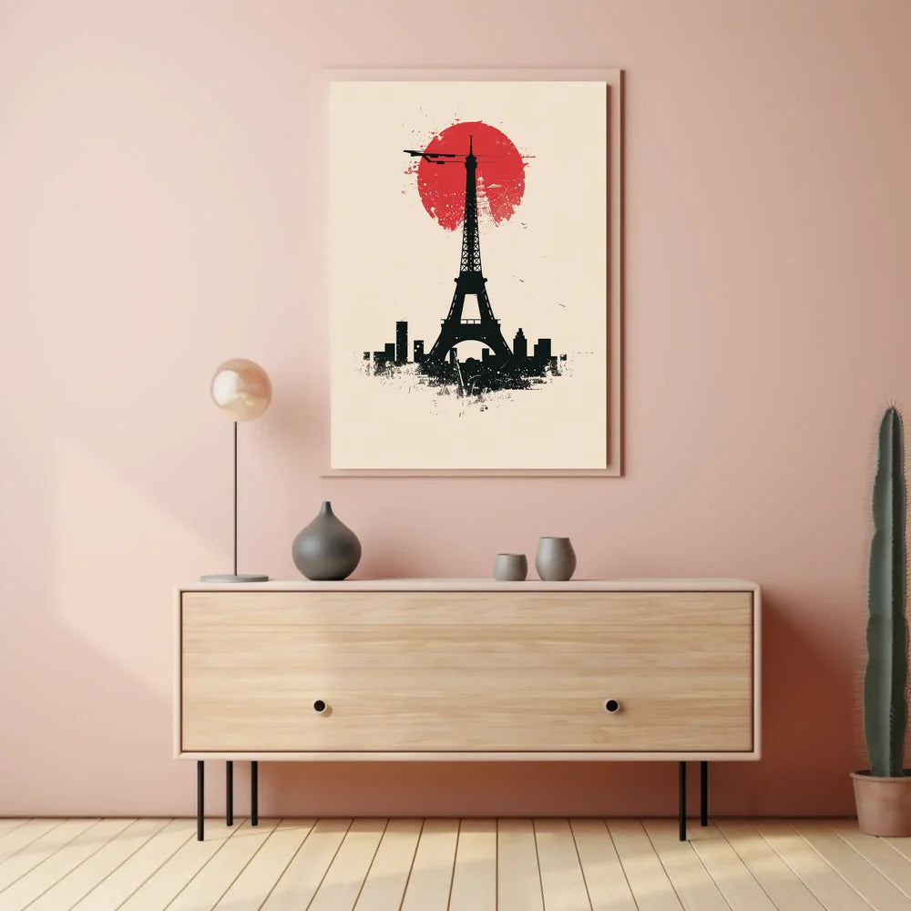 The poster features a stylized depiction of the Eiffel Tower in silhouette against Travel Poster