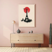 The poster features a stylized depiction of the Eiffel Tower in silhouette against Travel Poster
