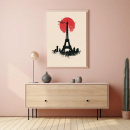 The poster features a stylized depiction of the Eiffel Tower in silhouette against Travel Poster