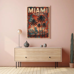Miami Retro Vibes Vintage Cityscape Travel Art Deco Coastal Nostalgic Urban Sunset Poster
