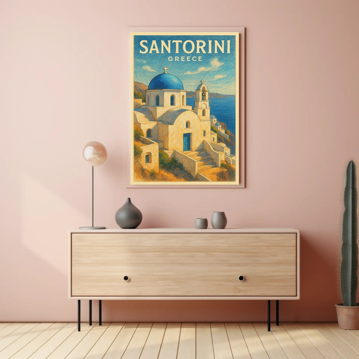 Santorini Greece Vintage Travel Lovers Poster