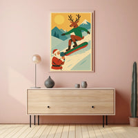Reindeer Snowboarding Vintage Winter Adventure Poster