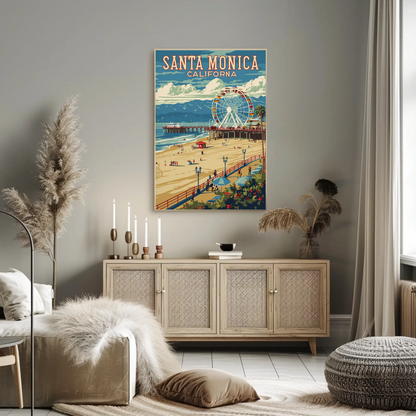 Santa Monica Pier Ferris Wheel Coastal Beach Travel Poster
