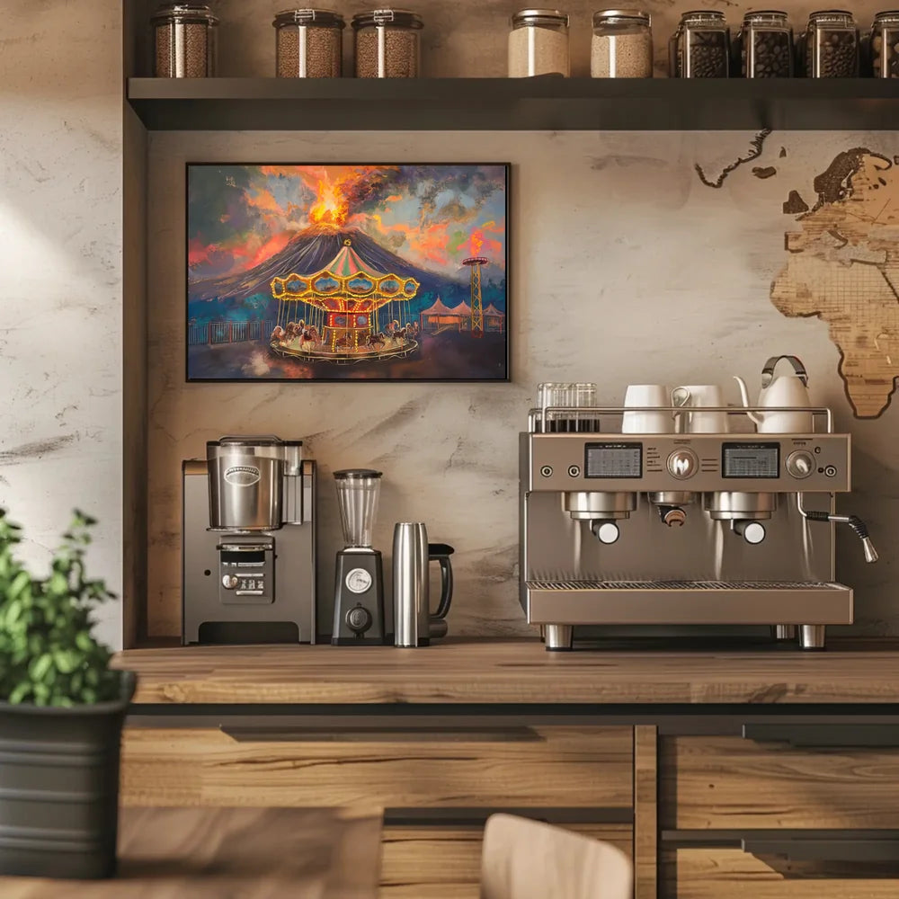 Surreal Carousel and Volcano Imaginative Art Poster