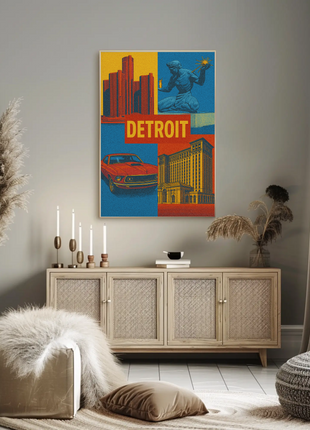 Detroit Landmarks and Muscle Car Cultural Heritage Poster