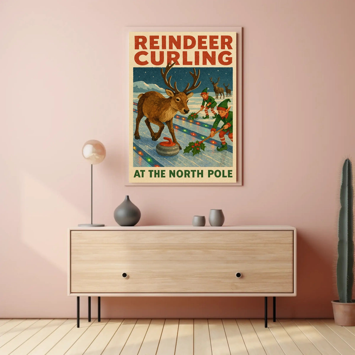 Reindeer Curling at the North Pole Poster
