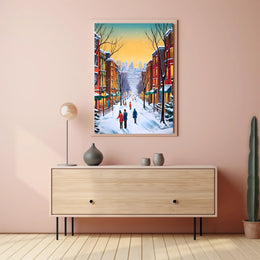 Charming Winter Street Scene in Urban Cityscape Poster