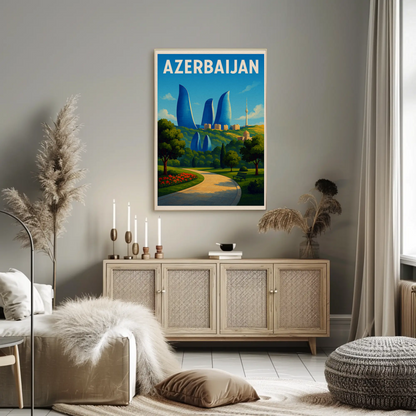 Azerbaijan Baku Flame Towers Park Path Travel Poster
