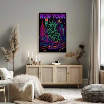 New York Neon Skyline Liberty Taxi Night Lights Travel Poster