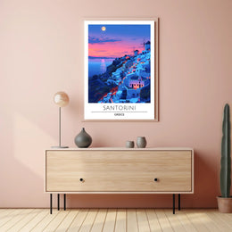 Santorini Sunset Travel Scene: Beautiful Mediterranean Landscape Poster