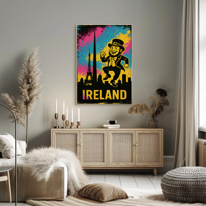 Ireland Dancing Leprechaun Retro Skyline Poster