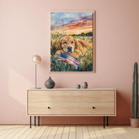 Golden Retriever Resting In Grassy Sunset Field Poster