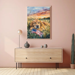 Golden Retriever Resting In Grassy Sunset Field Poster