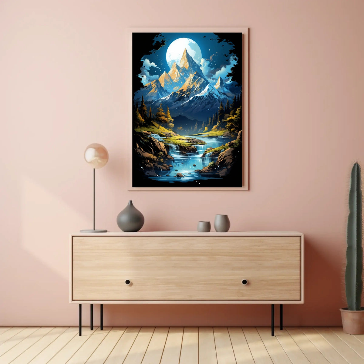 Enchanted Moonlit Mountain Landscape Fantasy Art Poster